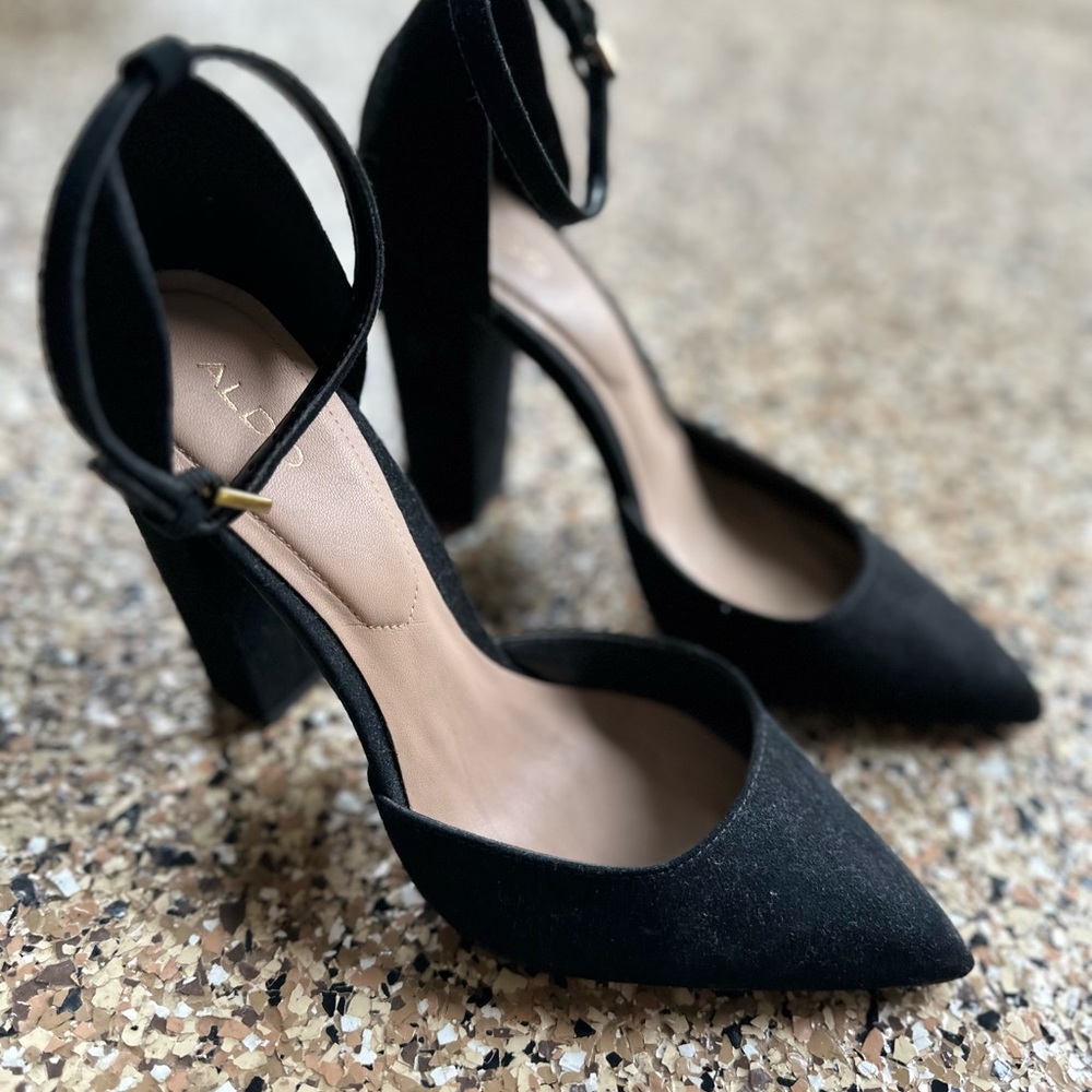 Black Suede Thick Heeled Aldo Strapped High Heels